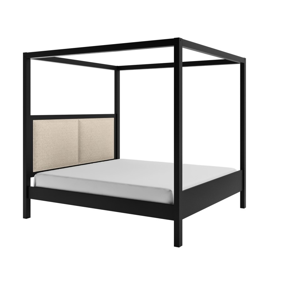 Super King Four Poster Bed in Black with Linen Headboard - Charlotte