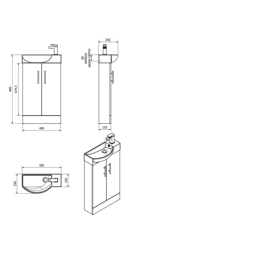 Walnut Cloakroom Vanity Unit & Basin - W505 x H885mm