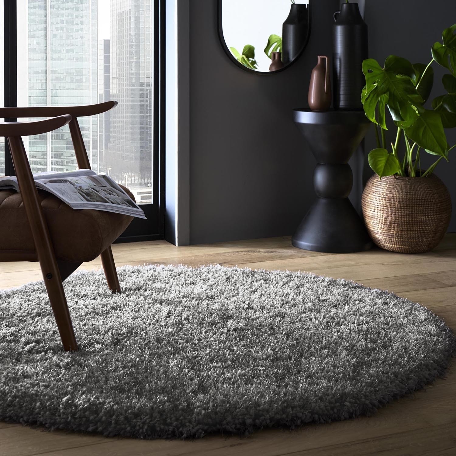 180x133 Rug Round Shaggy Grey Rug - 133 x 133 cm - Chicago - Origins - Furniture123