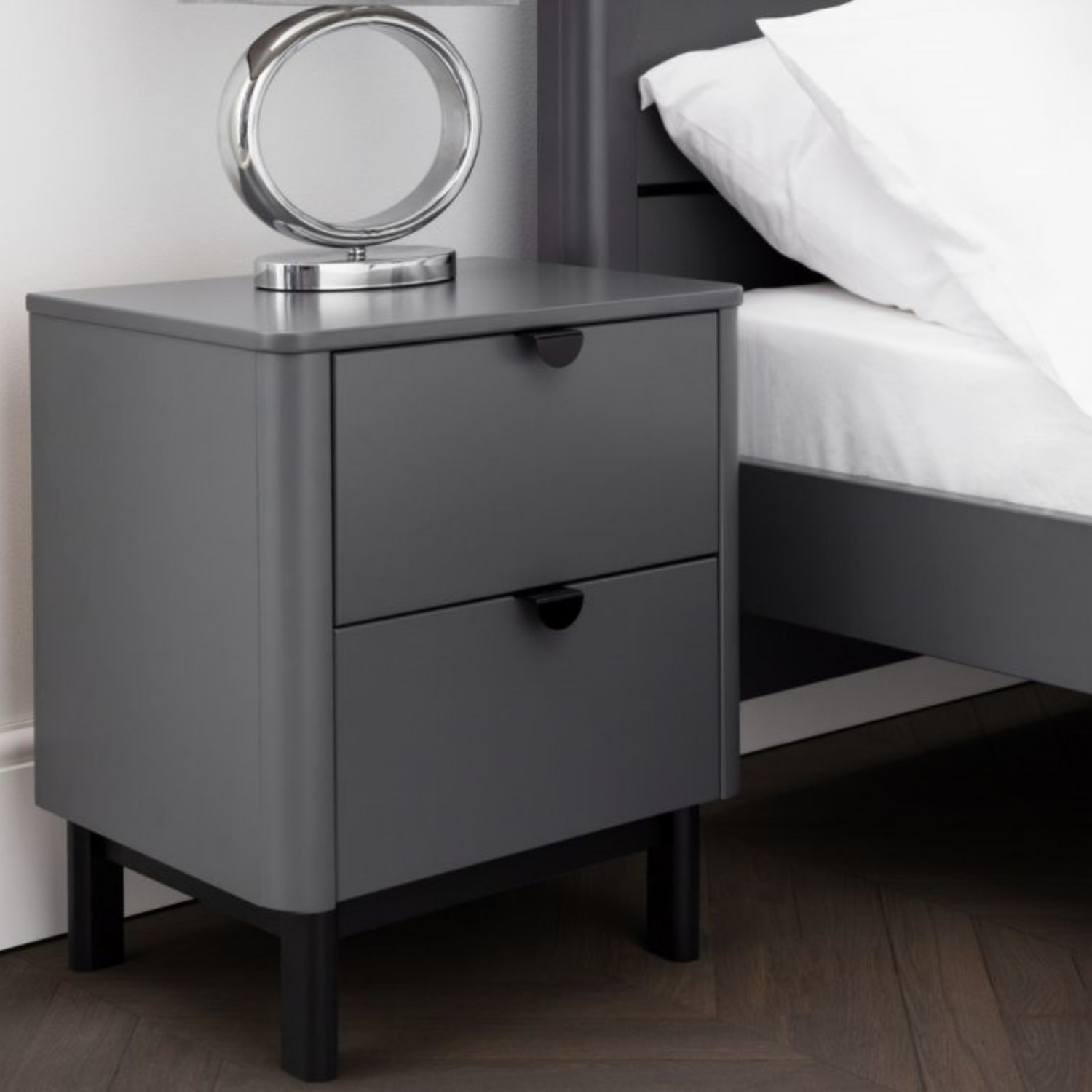 Dark Grey Modern 2 Drawer Bedside Table Legs Chloe