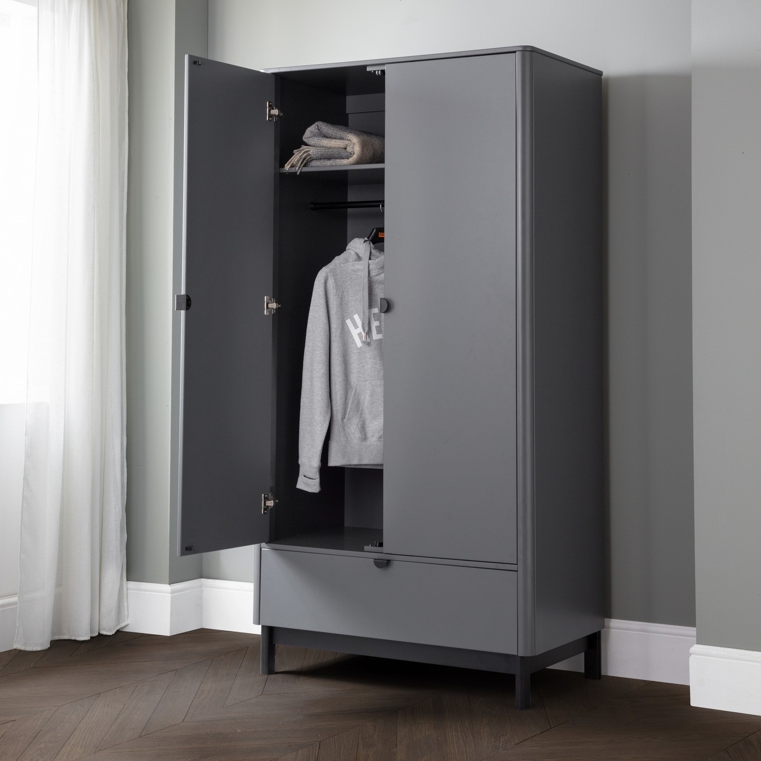 Dark Grey 2 Door Double Wardrobe Drawer Chloe