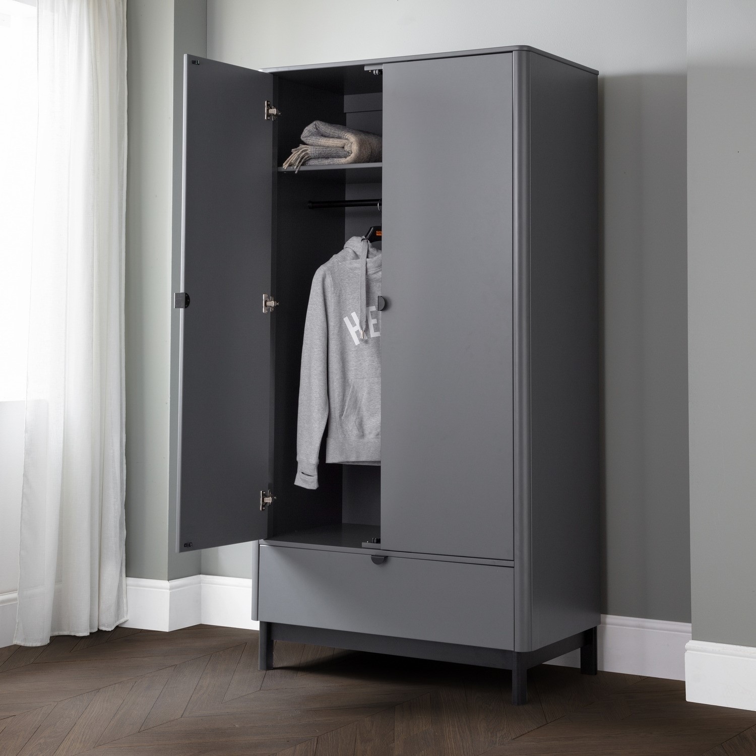 Photo of Dark grey 2 door double wardrobe with drawer - chloe - julian bowen