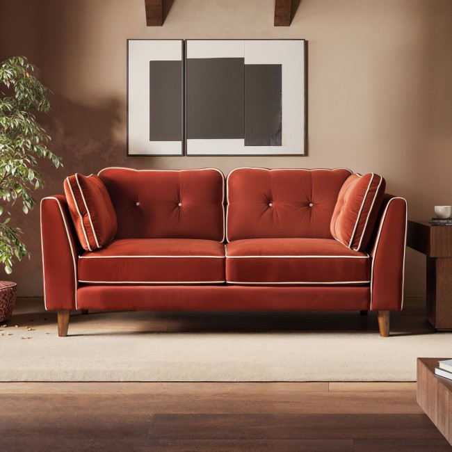 Burnt Orange Velvet Piped 3 Seater Sofa - Cohen