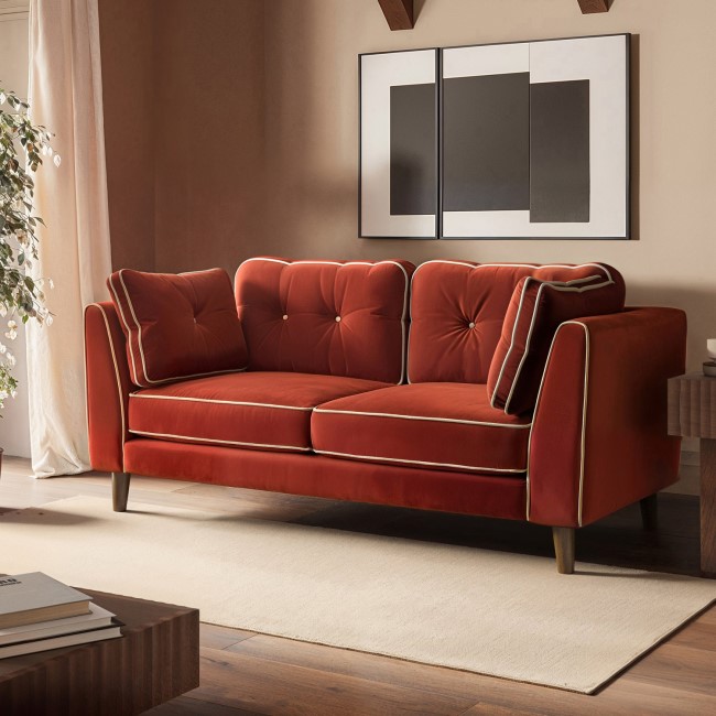 Burnt Orange Velvet Piped 3 Seater Sofa - Cohen