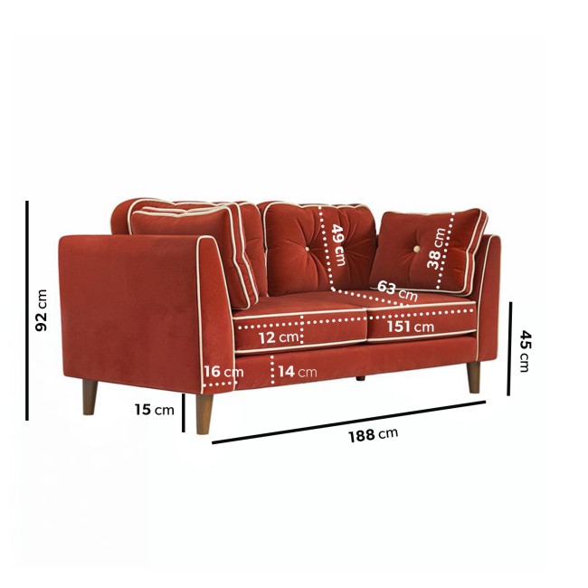 Burnt Orange Velvet Piped 3 Seater Sofa - Cohen