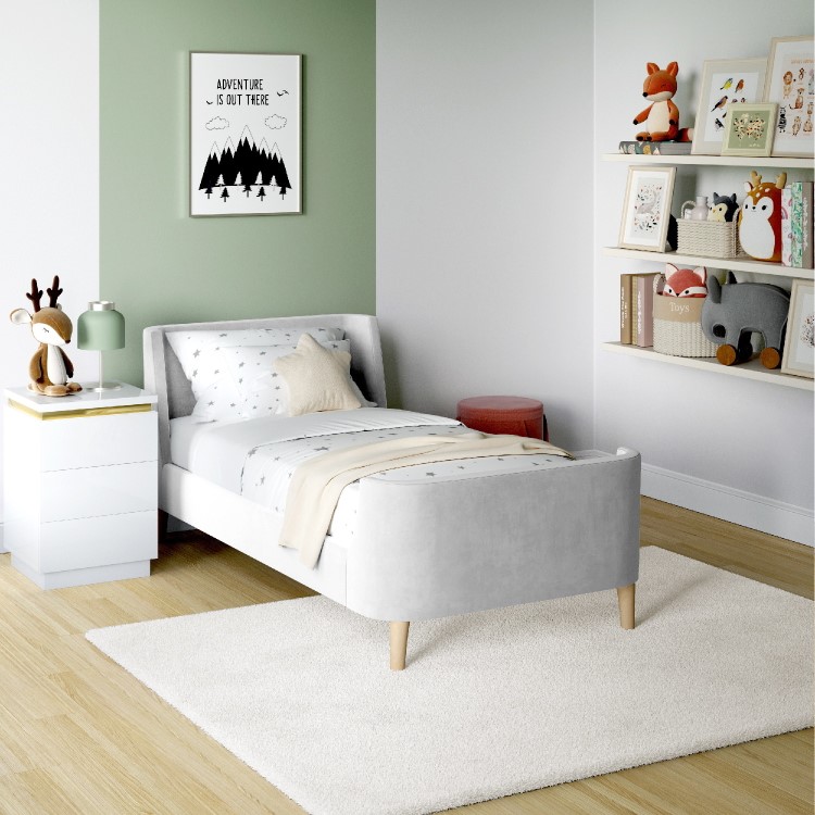 GRADE A1 - Light Grey Velvet Single Sleigh Bed Frame with Scandi Styling - Charlotte