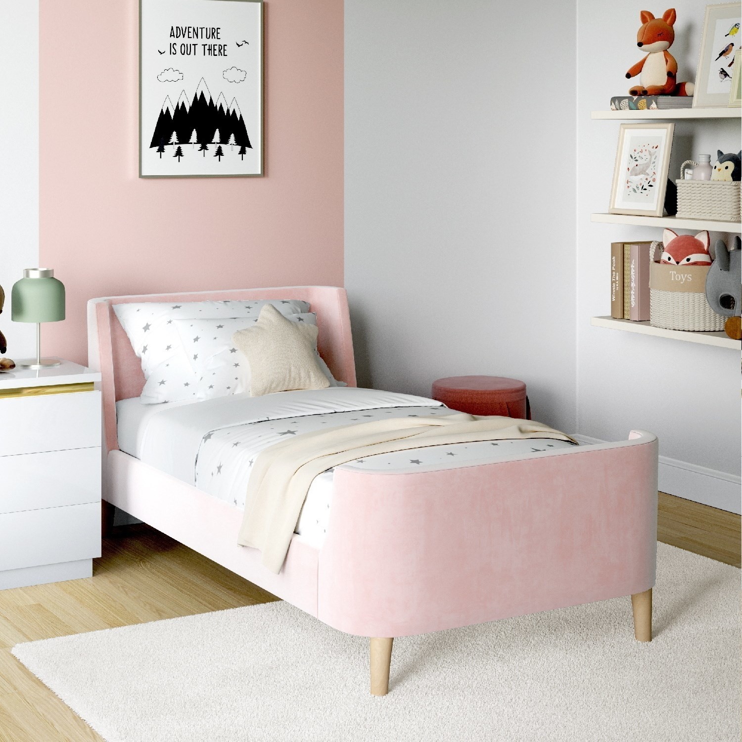 Photo of Blush pink velvet single sleigh bed frame with scandi styling - charlotte