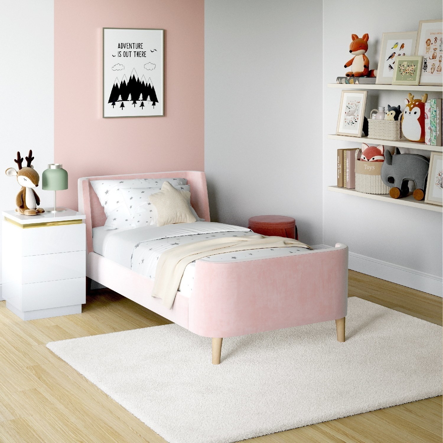 Single Shell Bed Blush Pink Velvet Single Sleigh Bed Frame with Scandi Styling ...