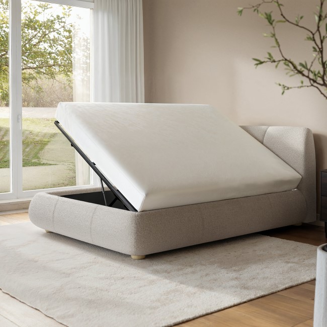 Beige Boucle Double Side-Lift Ottoman Bed with Cushioned Headboard - Ciara