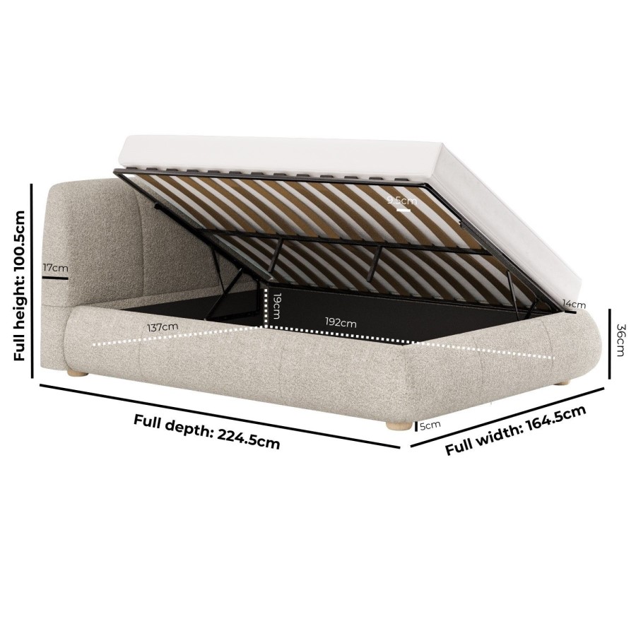 Beige Boucle Double Side-Lift Ottoman Bed with Cushioned Headboard - Ciara