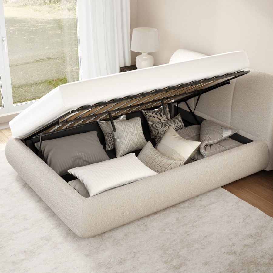 Beige Boucle Double Side-Lift Ottoman Bed with Cushioned Headboard - Ciara