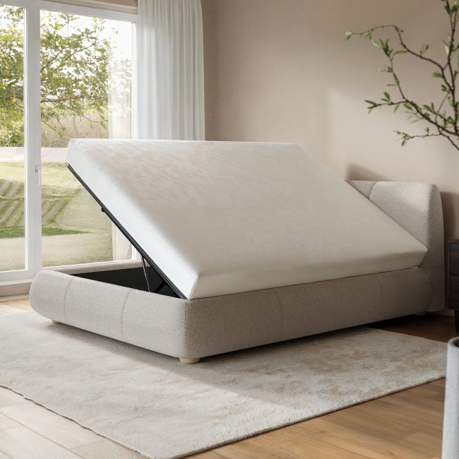 Beige Boucle King Size Side-Lift Ottoman Bed with Cushioned Headboard - Ciara