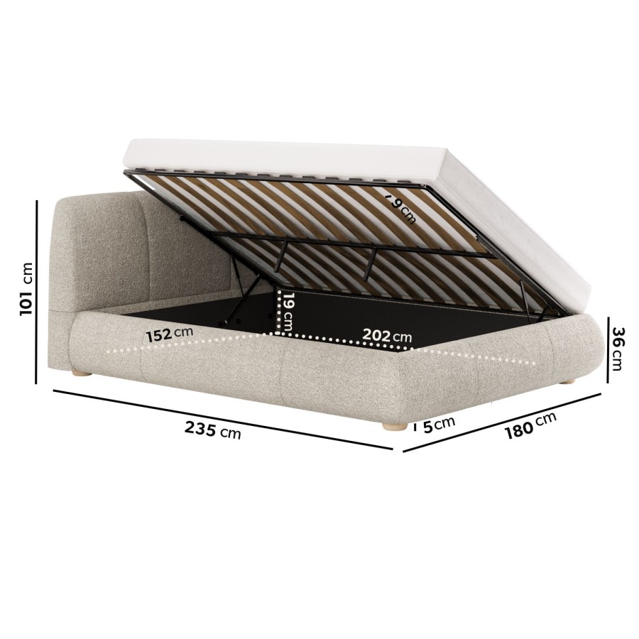 GRADE A1 - Beige Boucle King Size Side-Lift Ottoman Bed with Cushioned Headboard - Ciara