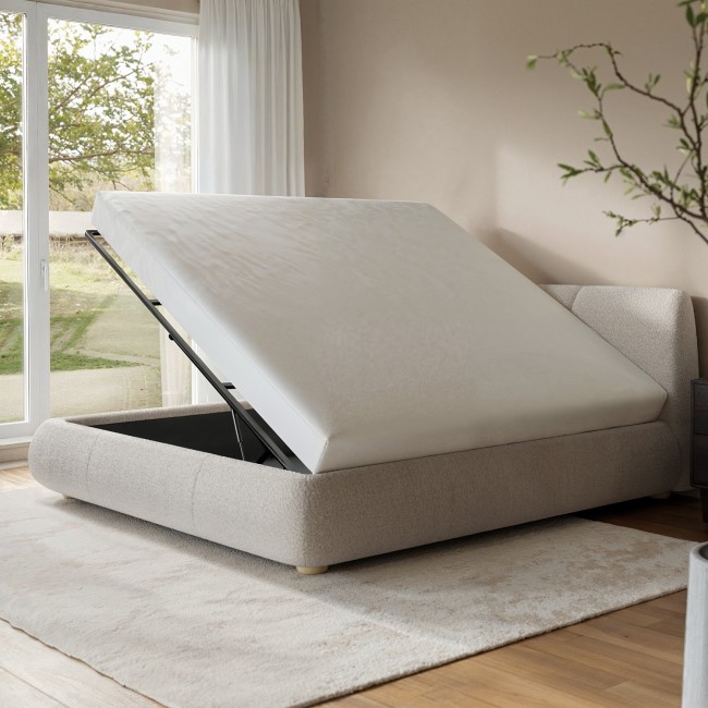 Beige Boucle Super King Side-Lift Ottoman Bed with Cushioned Headboard - Ciara