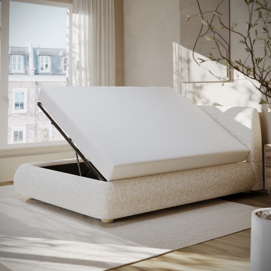 Cream Fabric Double Side-Lift Ottoman Bed with Cushioned Headboard - Ciara