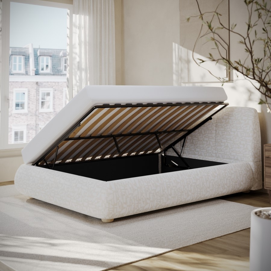 Cream Fabric Double Side-Lift Ottoman Bed with Cushioned Headboard - Ciara