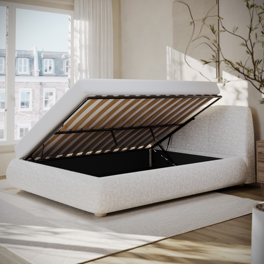 Cream Fabric King Side-Lift Ottoman Bed with Cushioned Headboard - Ciara