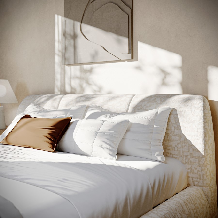 Cream Fabric King Side-Lift Ottoman Bed with Cushioned Headboard - Ciara