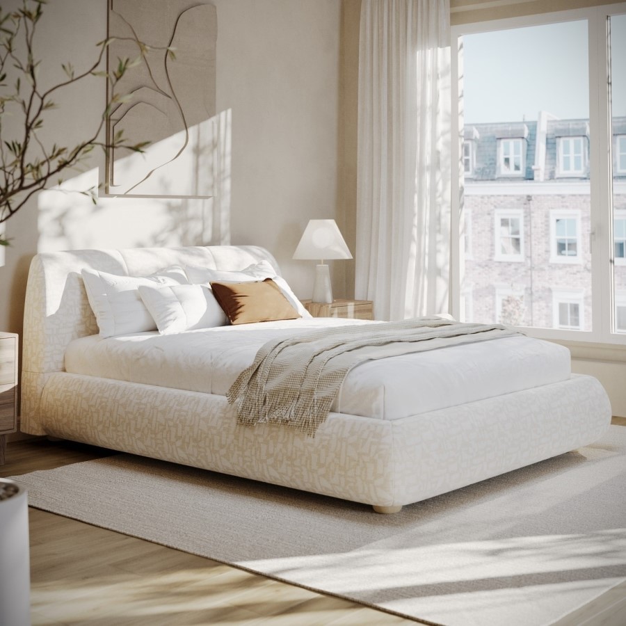 Cream Fabric Double Side-Lift Ottoman Bed with Cushioned Headboard - Ciara