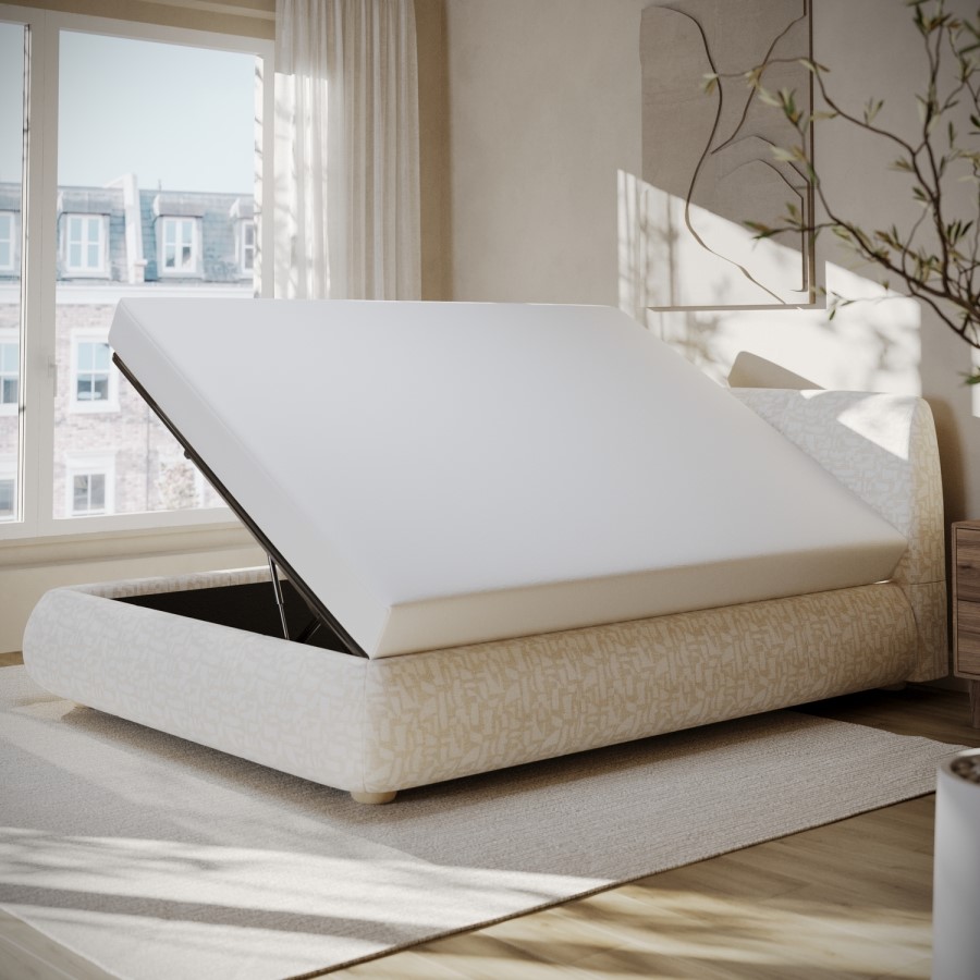 Cream Fabric Double Side-Lift Ottoman Bed with Cushioned Headboard - Ciara