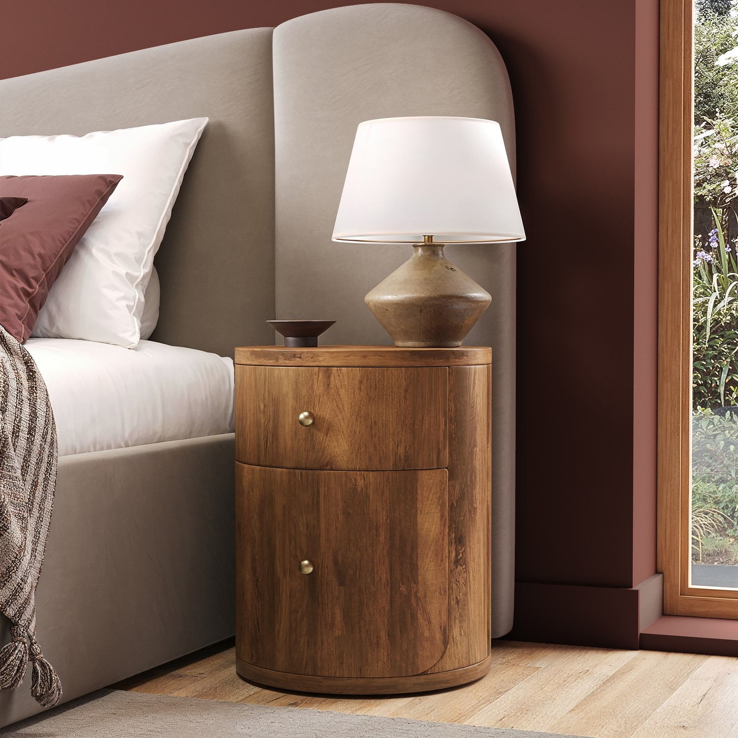 Mango Wood Round 2 Drawer Bedside Table