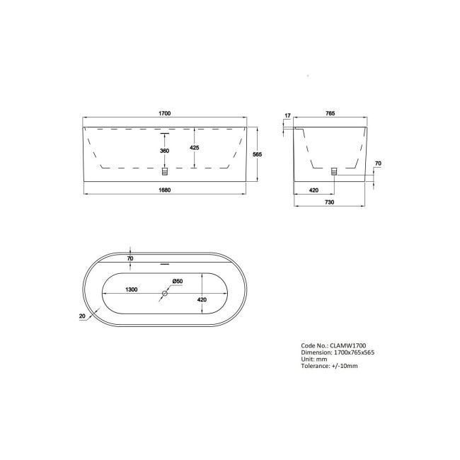 Freestanding Double Ended Matt White 1700 x 765mm Bath with Ledge - Clara