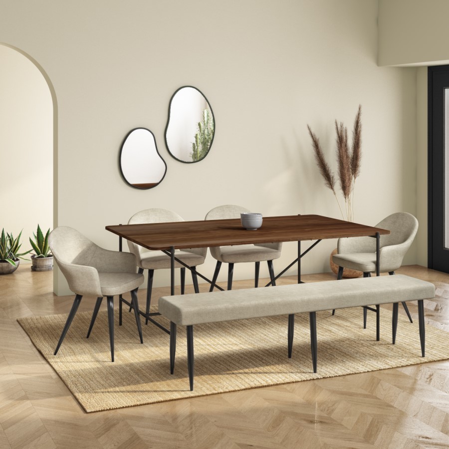 Large Beige Chenille Upholstered Dining Bench - Seats 3 - Colbie