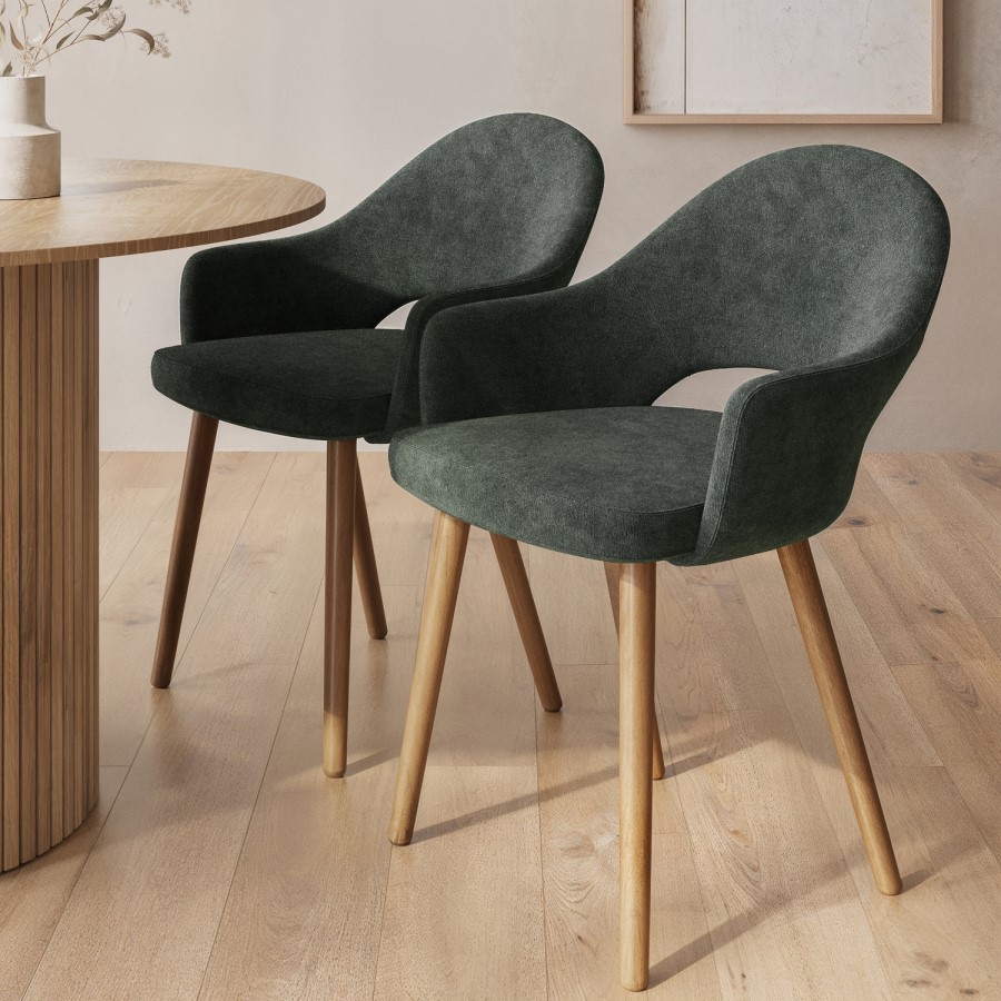Set of 2 Green Upholstered Dining Chairs with Oak Legs - Colbie