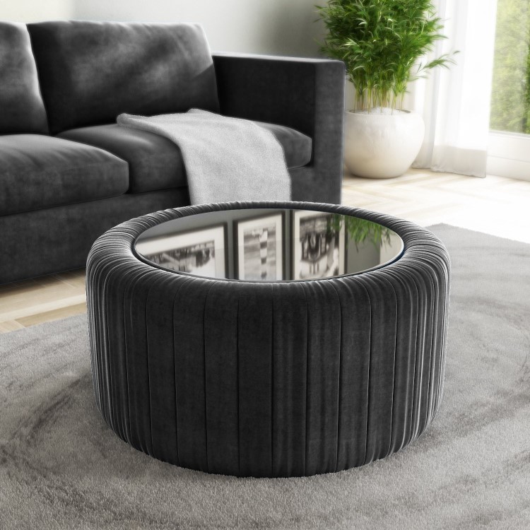 Small Dark Grey Round Velvet Ottoman Coffee Table - Clio