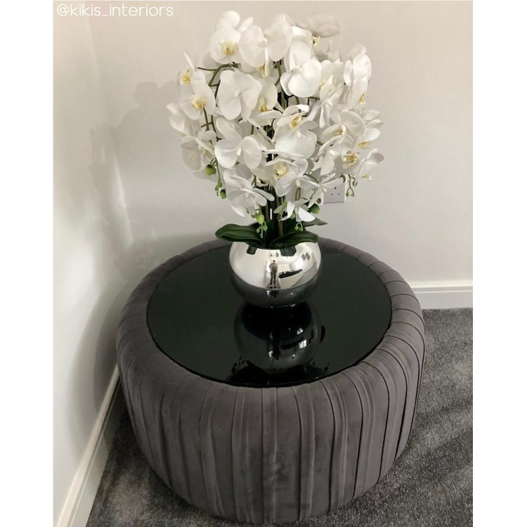 Small Dark Grey Round Velvet Ottoman Coffee Table - Clio