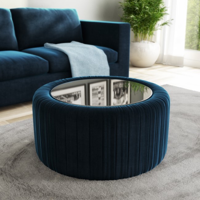 GRADE A1 - Navy Blue Velvet Ottoman Storage Pouffe with Glass Top - Coffee Table - Clio