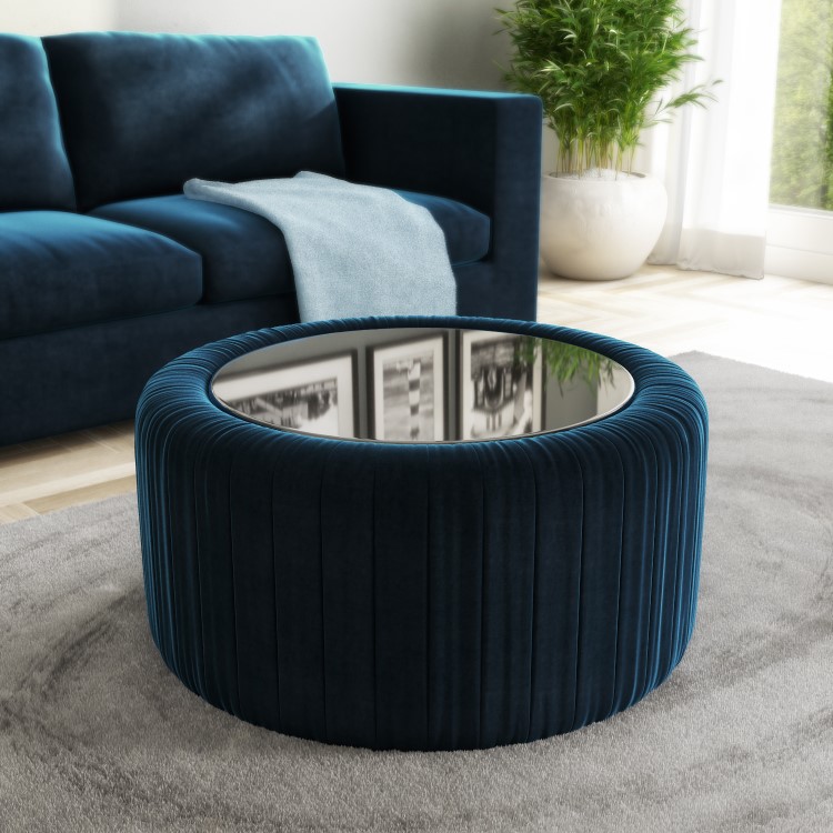 Navy Blue Velvet Ottoman Storage Pouffe with Glass Top - Coffee Table - Clio