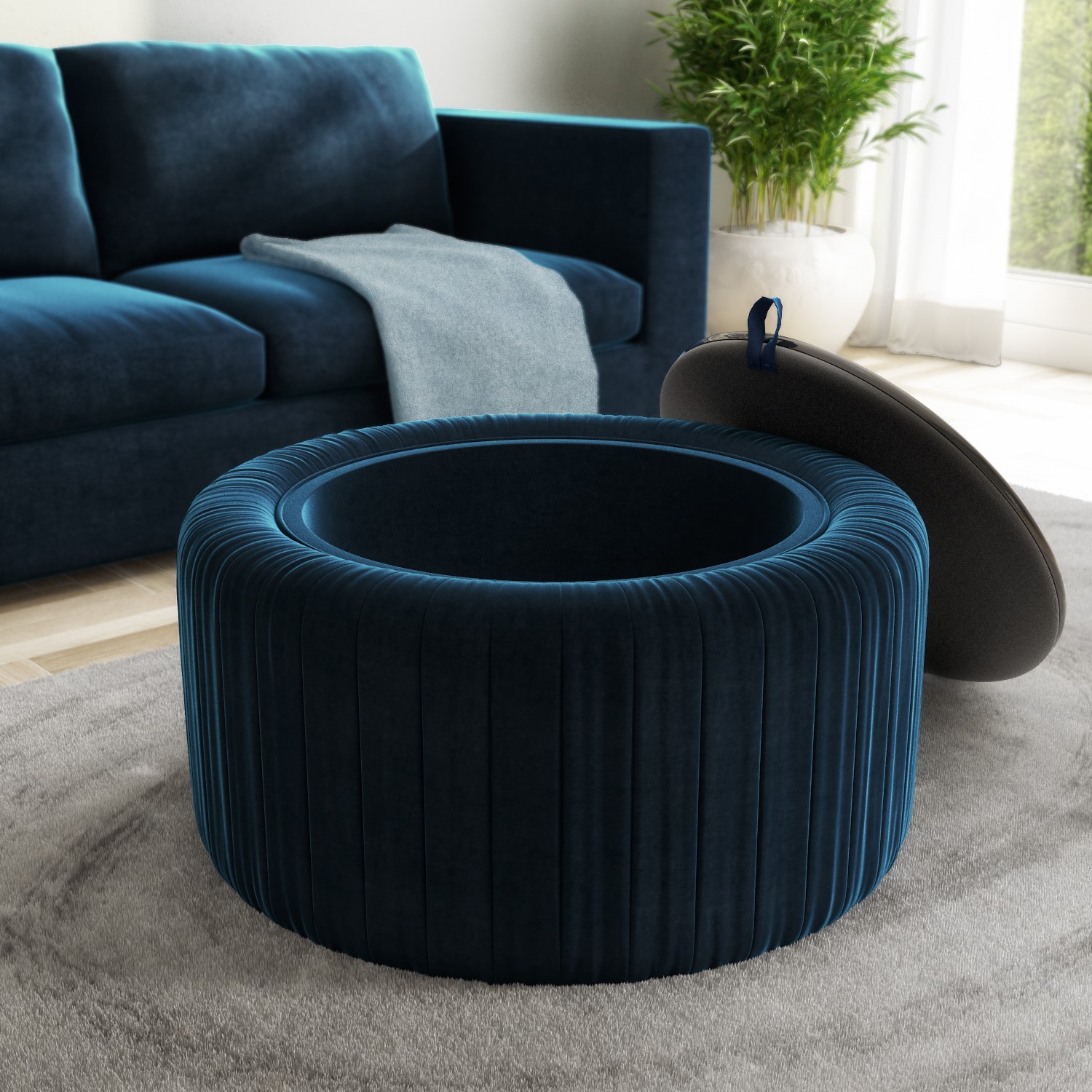 Navy Blue Velvet Ottoman Storage Pouffe With Glass Top Coffee Table Clio Furniture123