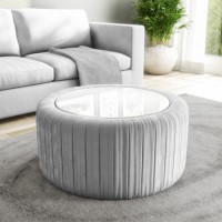 Silver Grey Velvet Ottoman Storage Pouffe with White Glass Top - Coffee Table - Clio