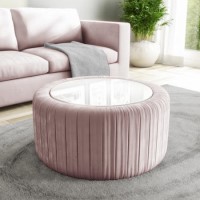 Pink Velvet Ottoman Storage Pouffe with White Glass Top - Coffee Table - Clio  Pink Velvet Ottoman Storage Pouffe with White Glass Top - Coffee Table - Clio
