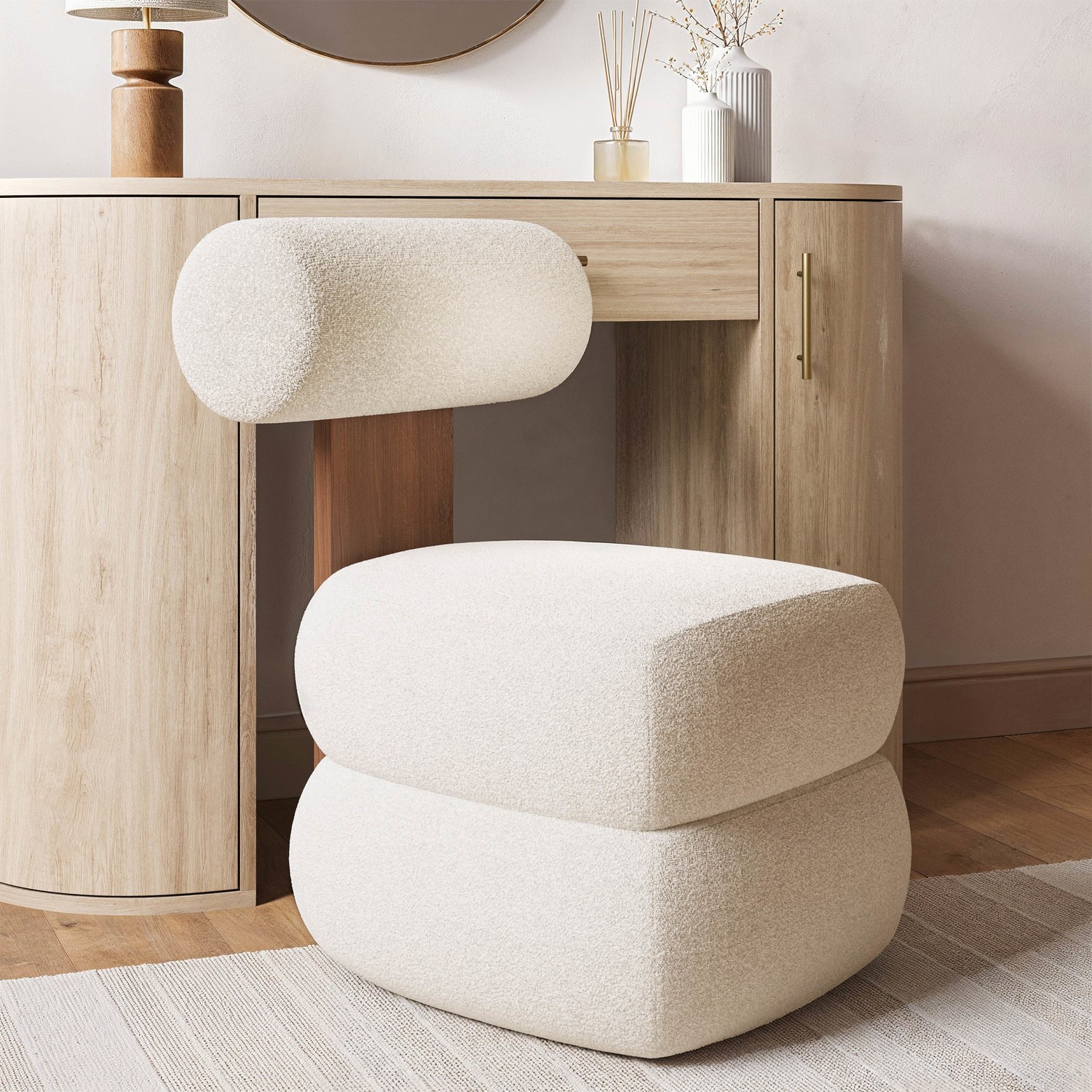 Cream Boucle Roll Back Dressing Table Chair - Cleo - Furniture123 Cream Boucle Roll Back Dressing Table Chair - Cleo - Furniture123