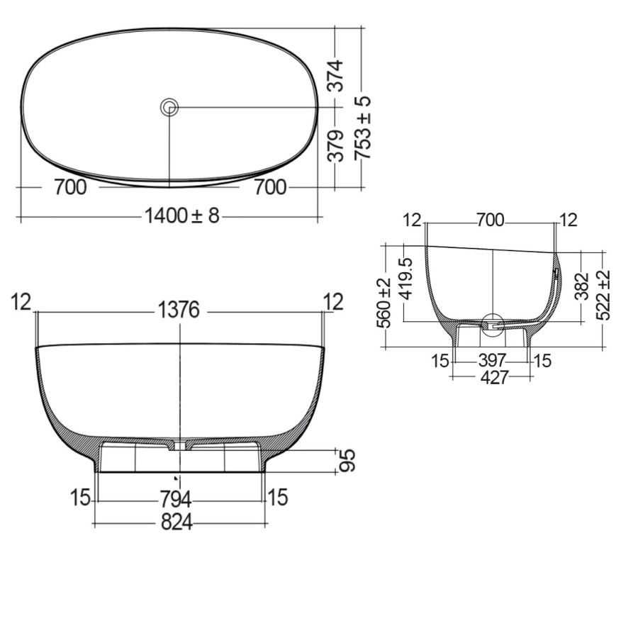 Beige Freestanding Double Ended Bath 1400 x 700mm - RAK Ceramics