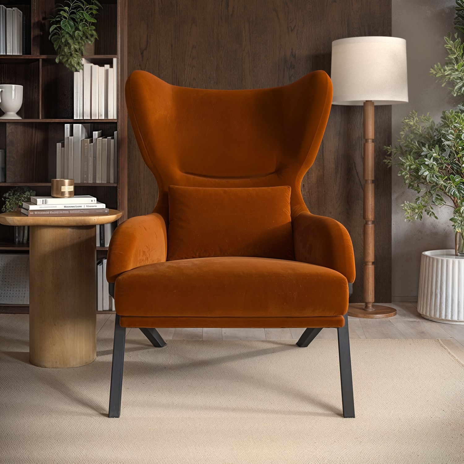Burnt Orange Velvet Wingback Accent Chair - Clarence - Furniture123