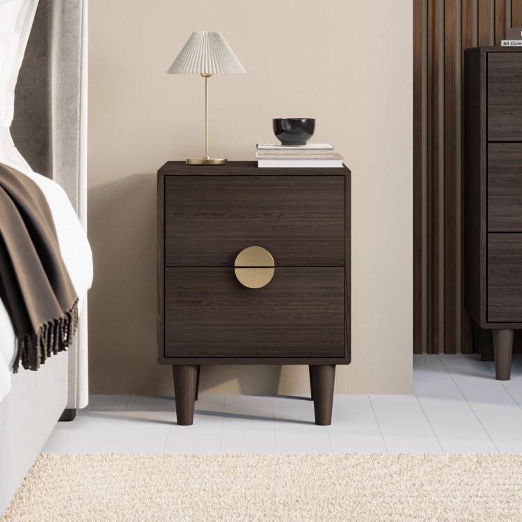 Dark Wood 2-Drawer Bedside Table with Gold Handles - Celeste