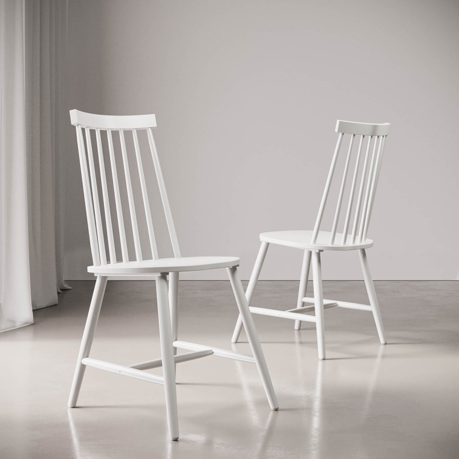 Set of 2 White Solid Wood Spindle Back Dining Chairs - Cami