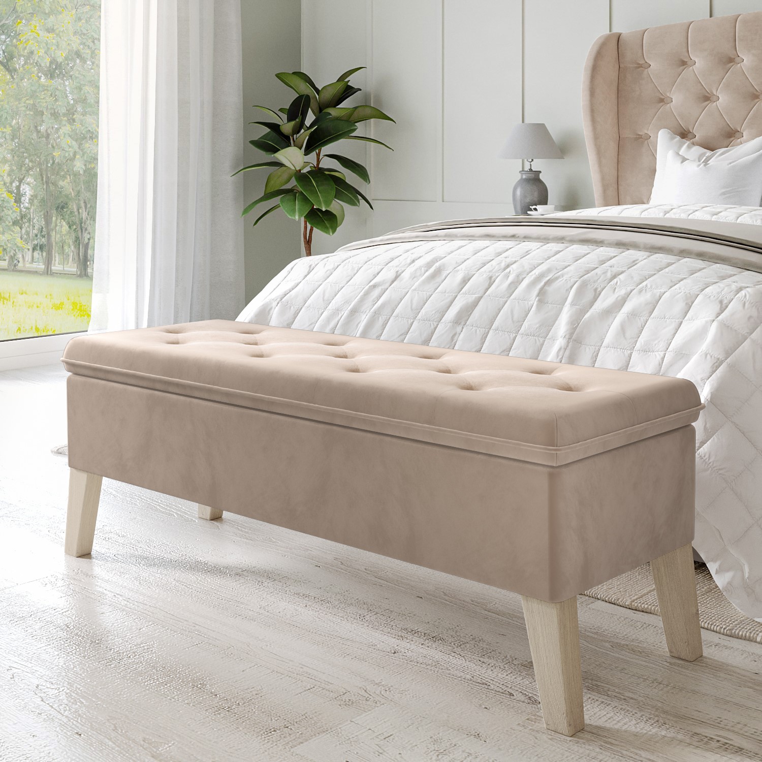 Photo of Cushioned end-of-bed ottoman storage bench in beige velvet - cameron