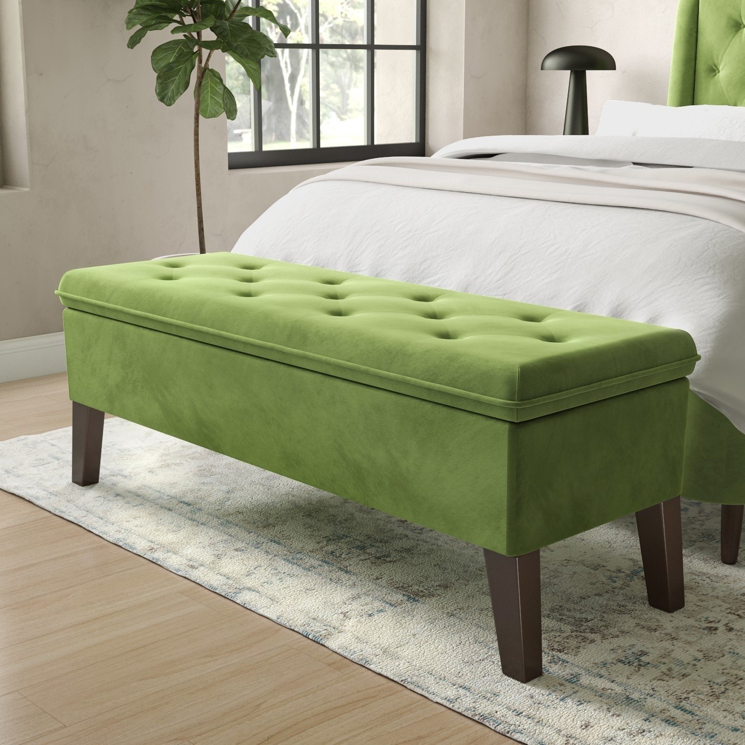 Photo of Cushioned end-of-bed ottoman storage bench in green velvet - cameron