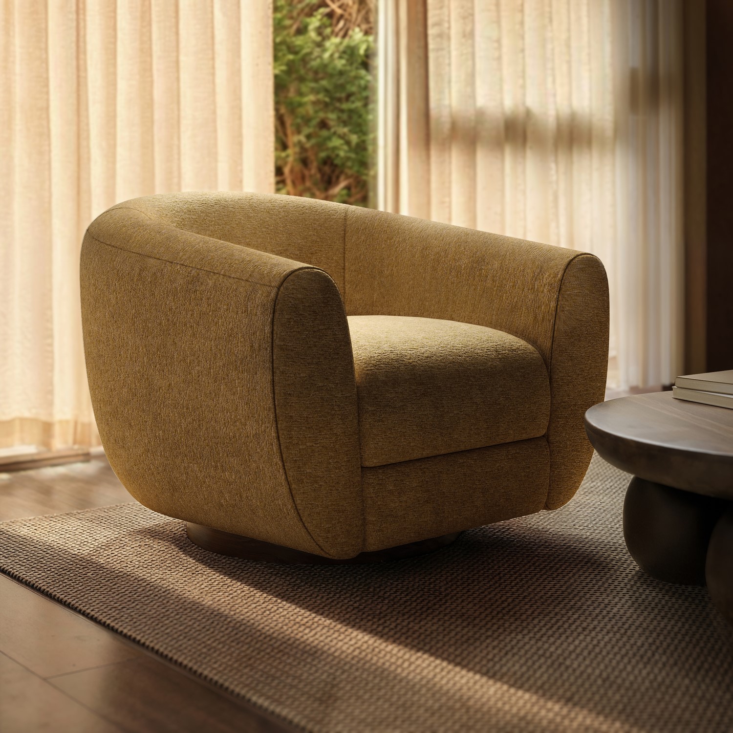 Caramel Chenille Swivel Tub Armchair