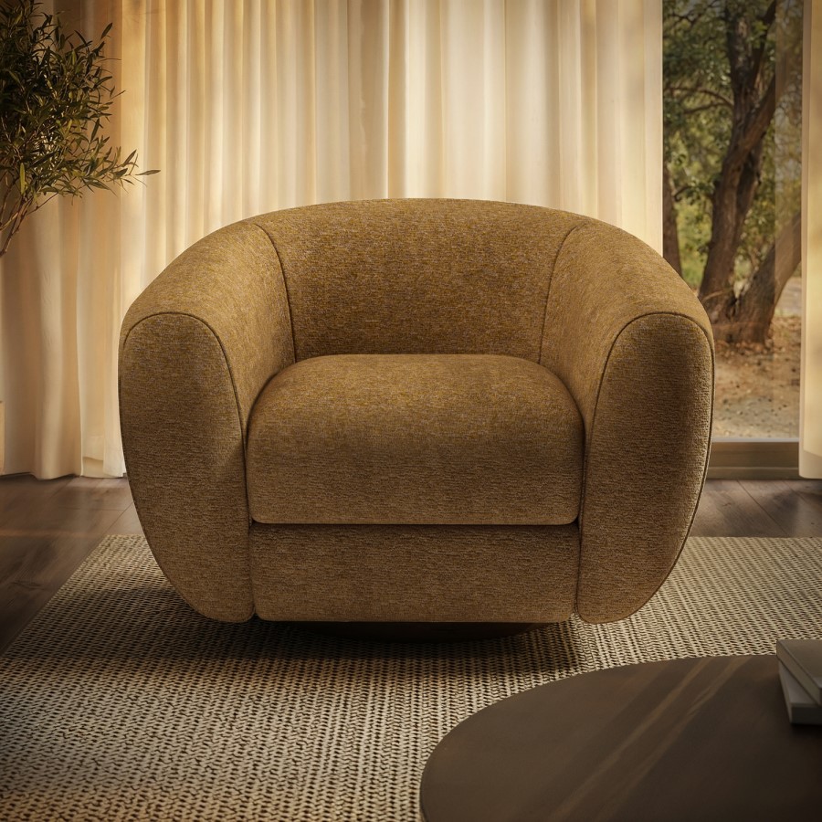 Caramel Brown Chenille Round Swivel Armchair - Celine