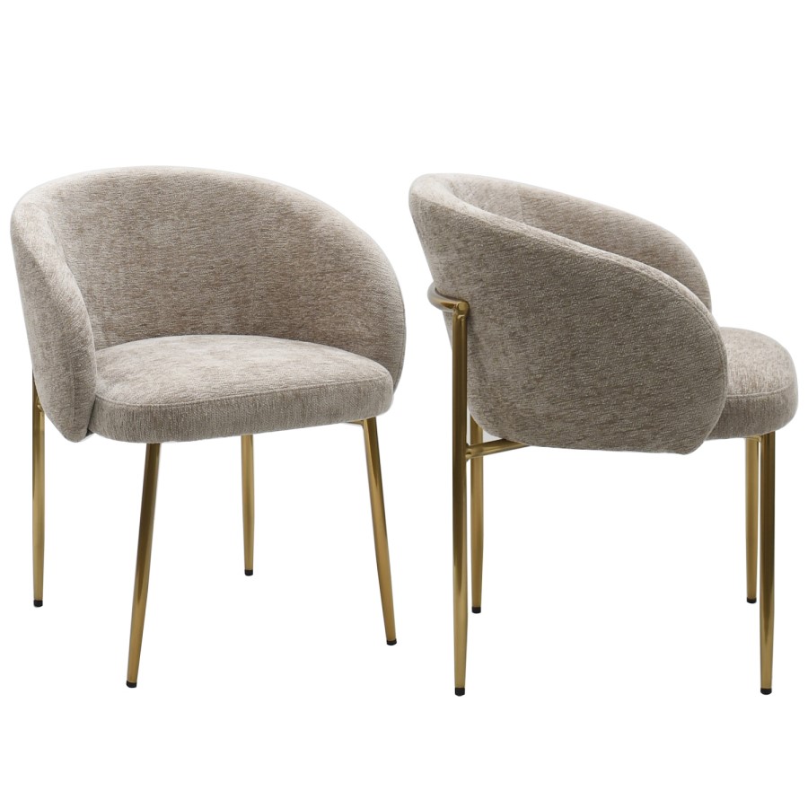 ONLY OPENED - Set of 2 Taupe Upholstered Dining Chairs with Brass Legs - Cora
