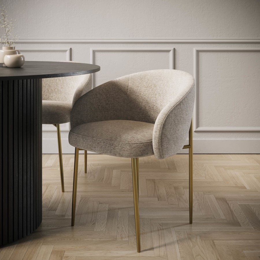 ONLY OPENED - Set of 2 Taupe Upholstered Dining Chairs with Brass Legs - Cora