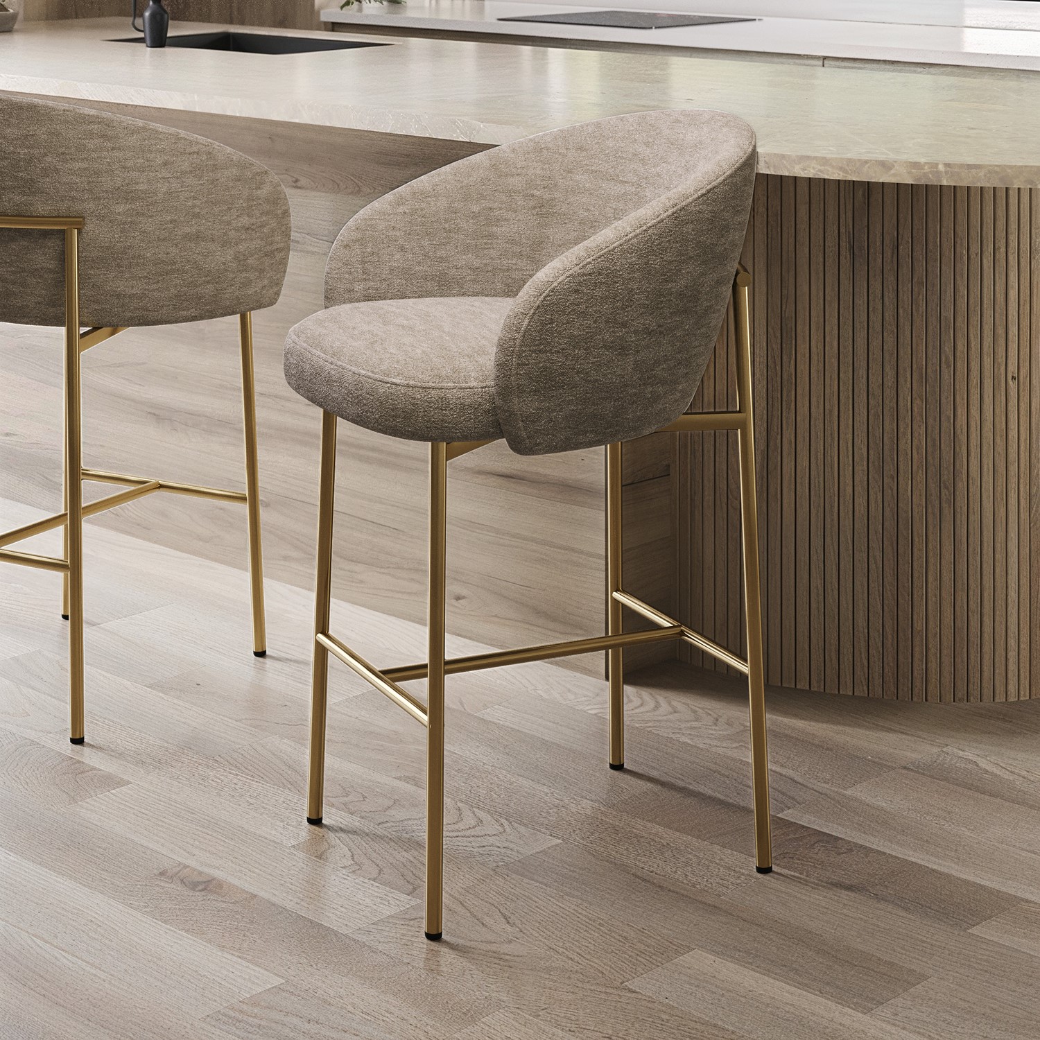 Cora Beige Mink Upholstered Kitchen Stool With Brass Legs And Back