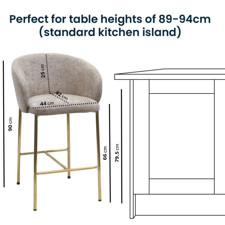 Set of 4 Mink Upholstered Kitchen Stools with Brass Legs and Back - Cora