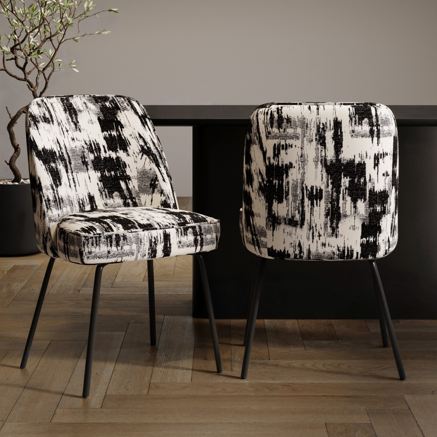 Set of 2 Cream and Black Jacquard Upholstered Curved Dining Chairs - Celia