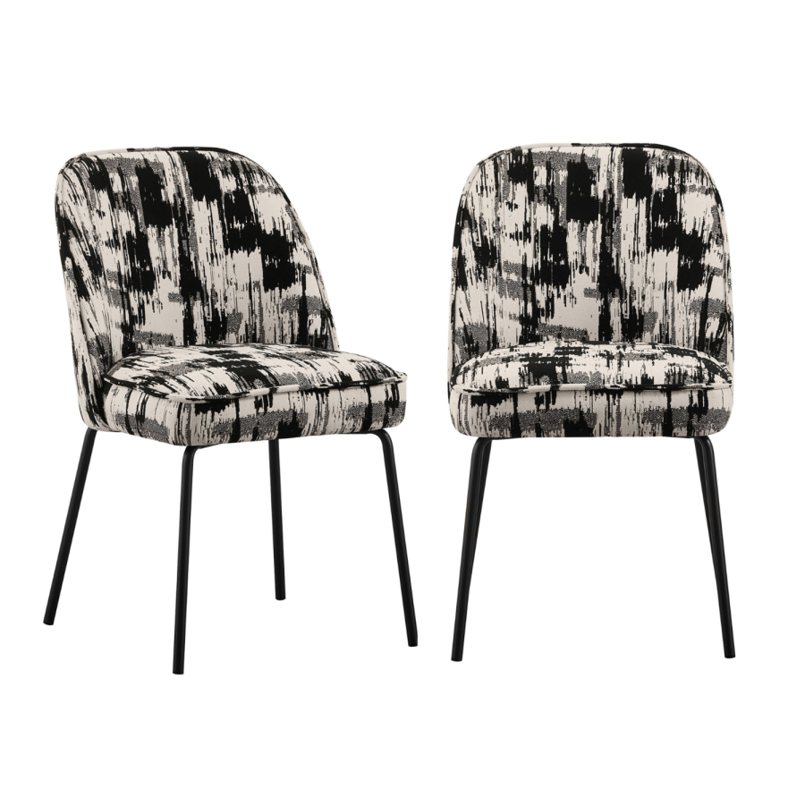 Set of 2 Cream and Black Jacquard Upholstered Curved Dining Chairs - Celia